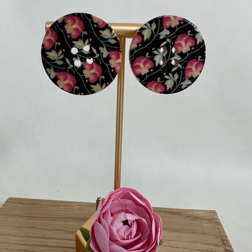 Floral Wooden Button Earrings